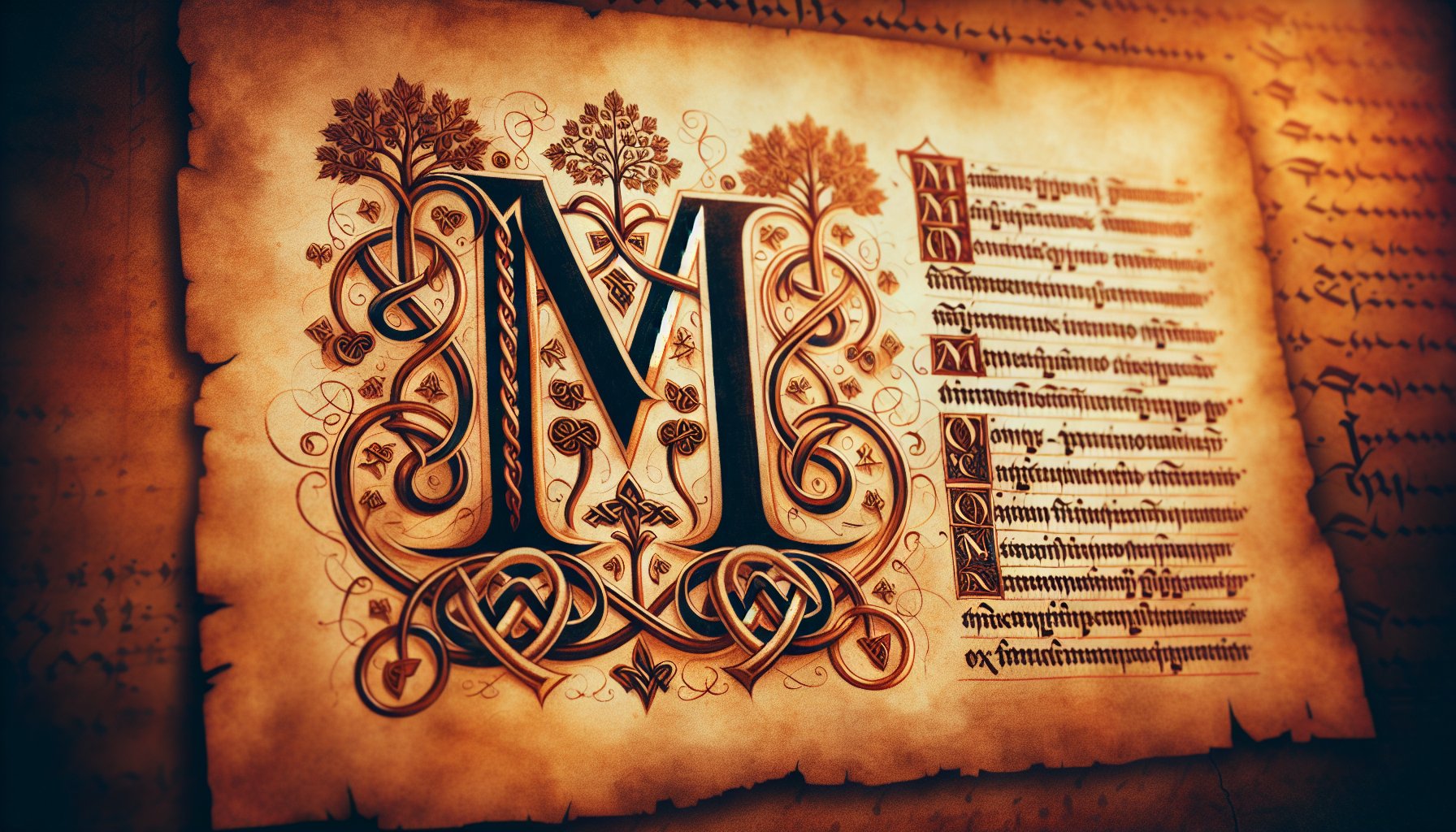 Medieval manuscript with ornate letter M and genealogical family tree symbols representing surnames starting with M