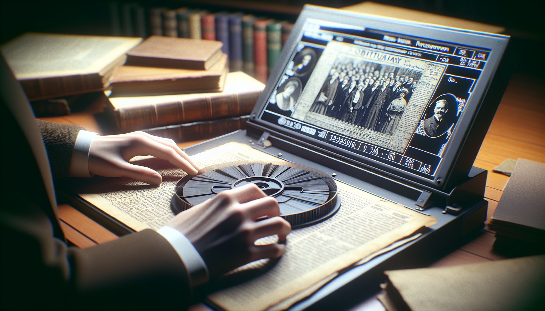 Microfilm reader displaying Genesee County obituaries from 1920s