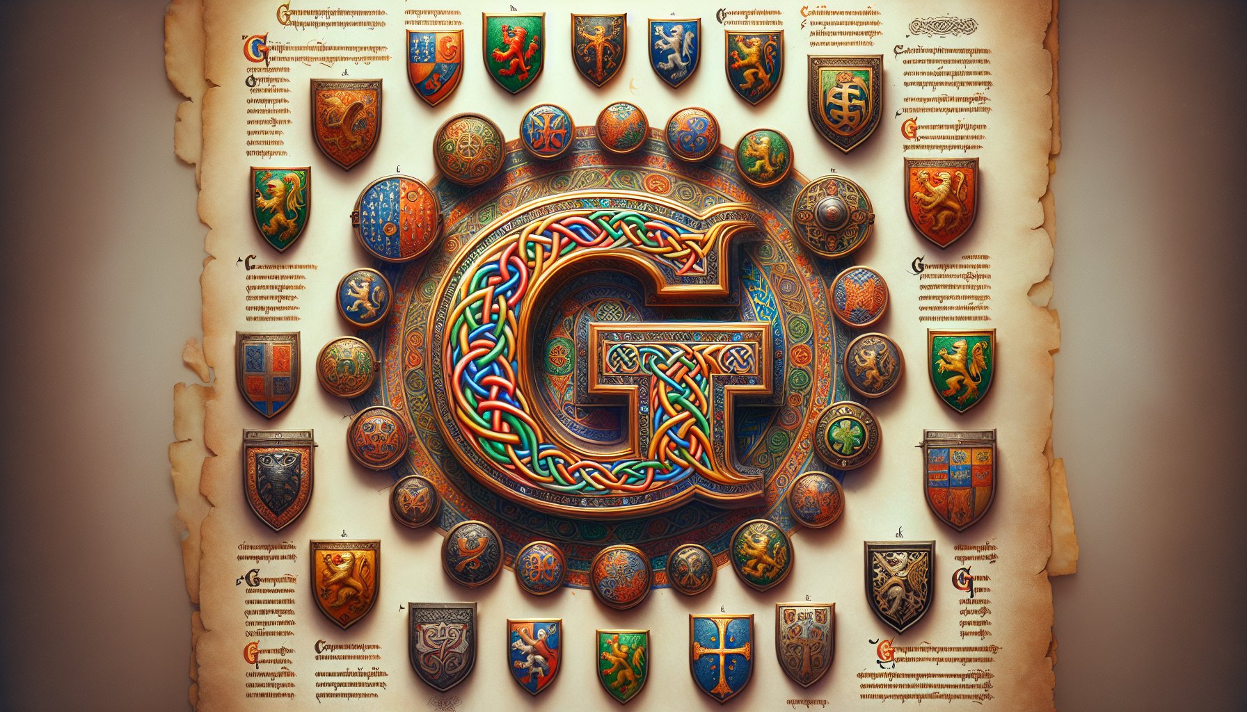 Medieval manuscript with ornate letter G and family crests for surnames starting with G