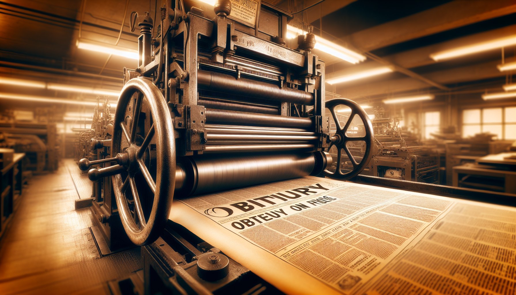 Vintage newspaper printing press producing Tuscarawas County obituaries