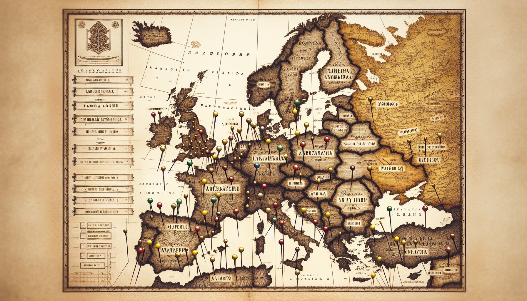 Historic European map showing migration patterns of surnames starting with M across different countries