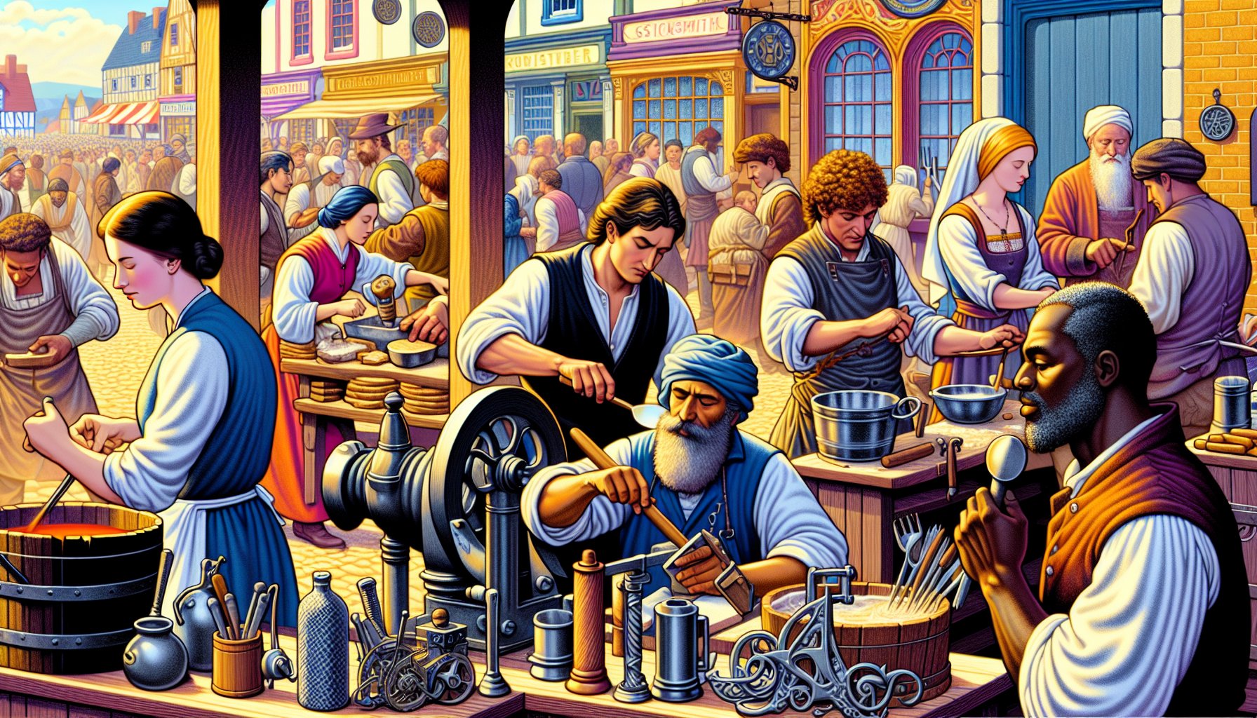 Medieval craftsmen representing occupational surnames starting with B like Baker and Blacksmith