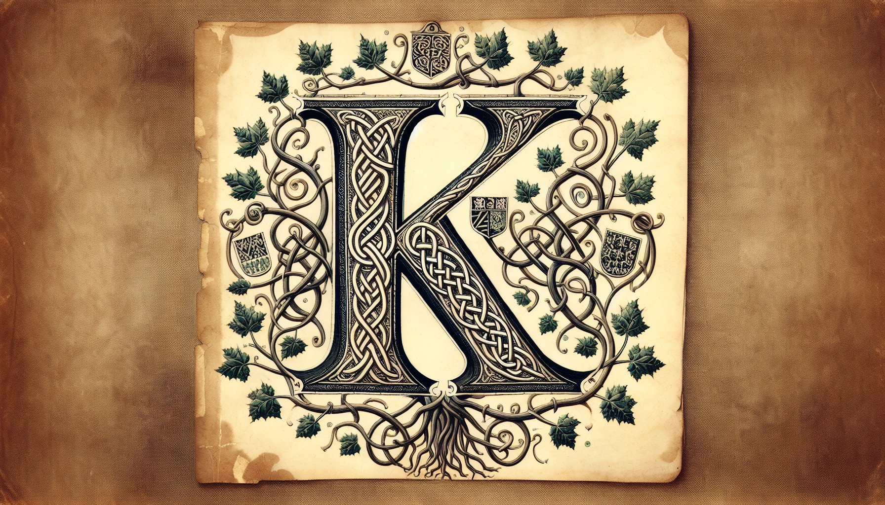 Ornate letter K with Celtic designs representing surnames starting with K