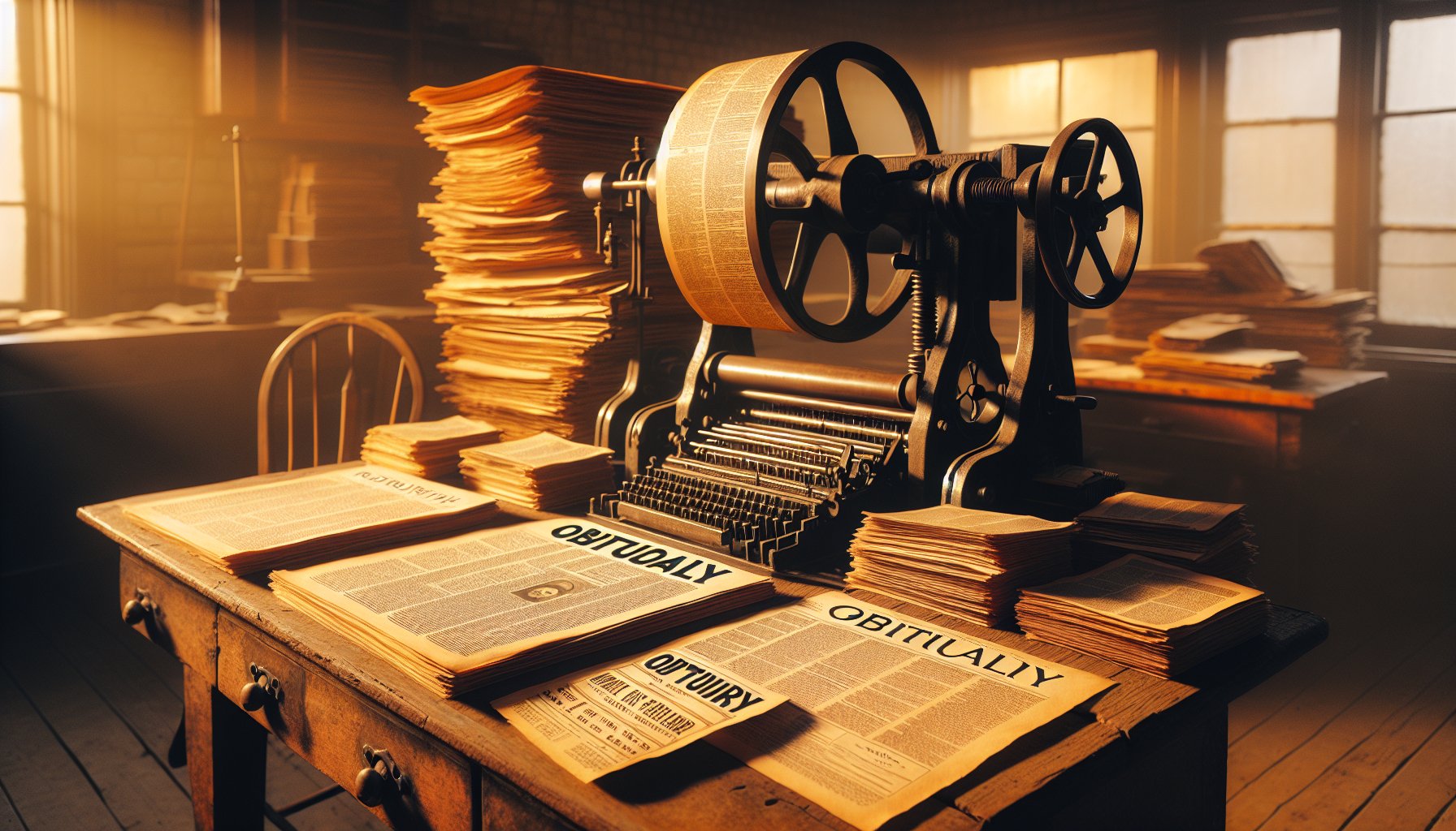 Vintage newspaper printing press with Genesee County obituary pages
