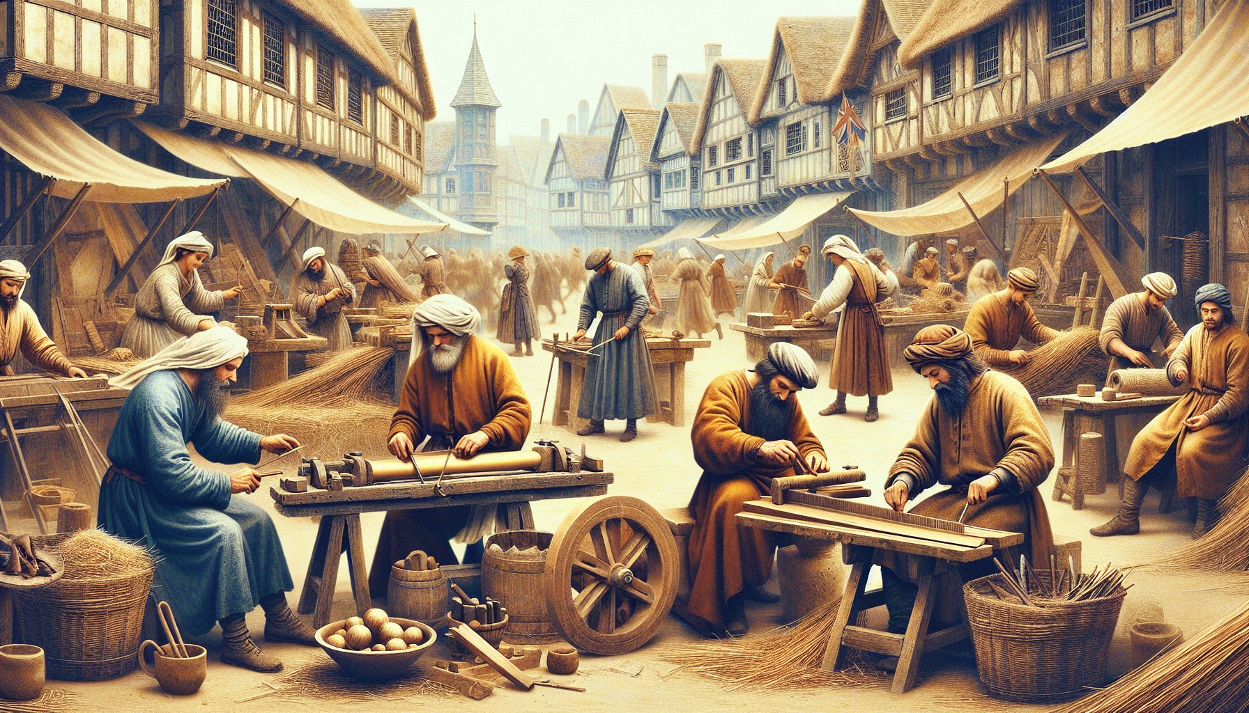 Medieval craftsmen representing occupational surnames starting with T working in town square