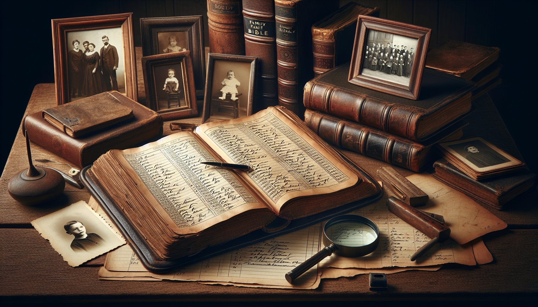 Family Bible with handwritten birth dates and genealogy records