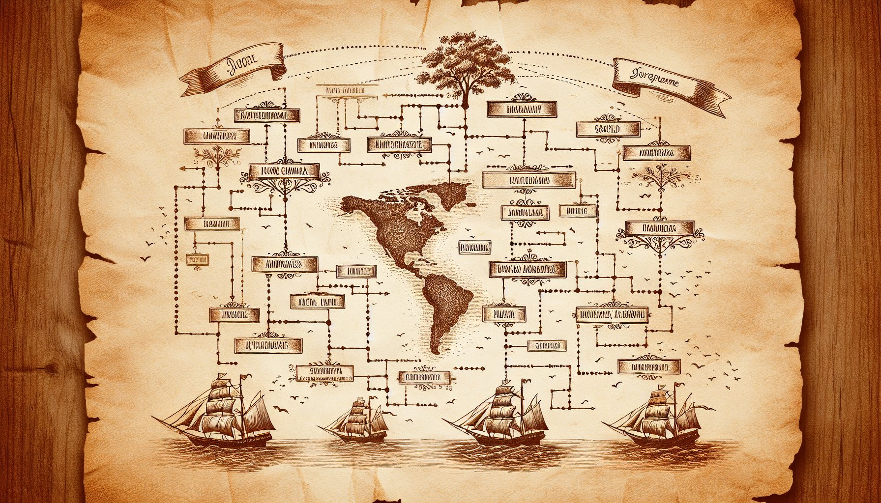Hand-drawn surname search family tree showing global migration patterns