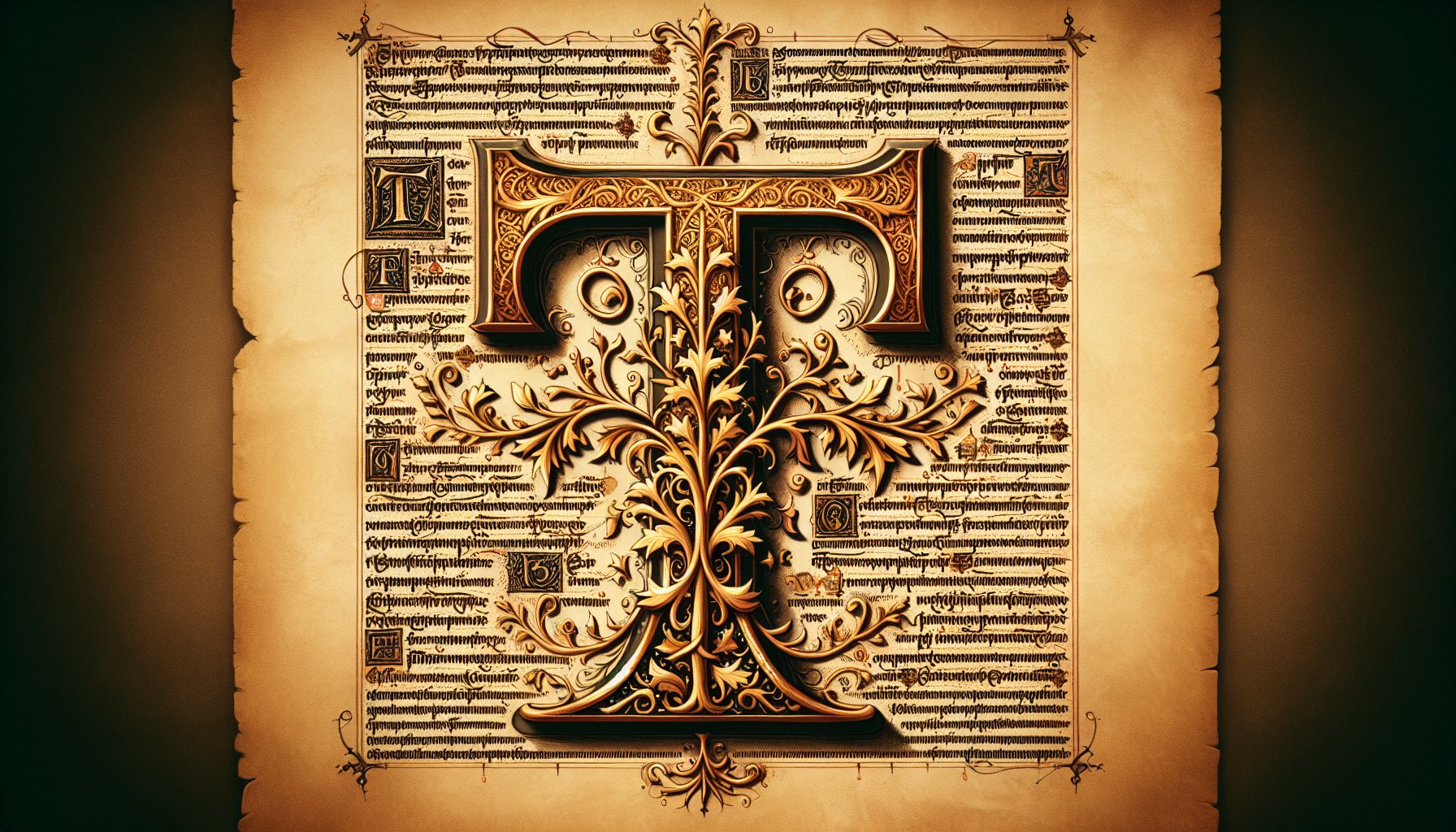 Ornate letter T manuscript with family tree branches showing surnames beginning with T