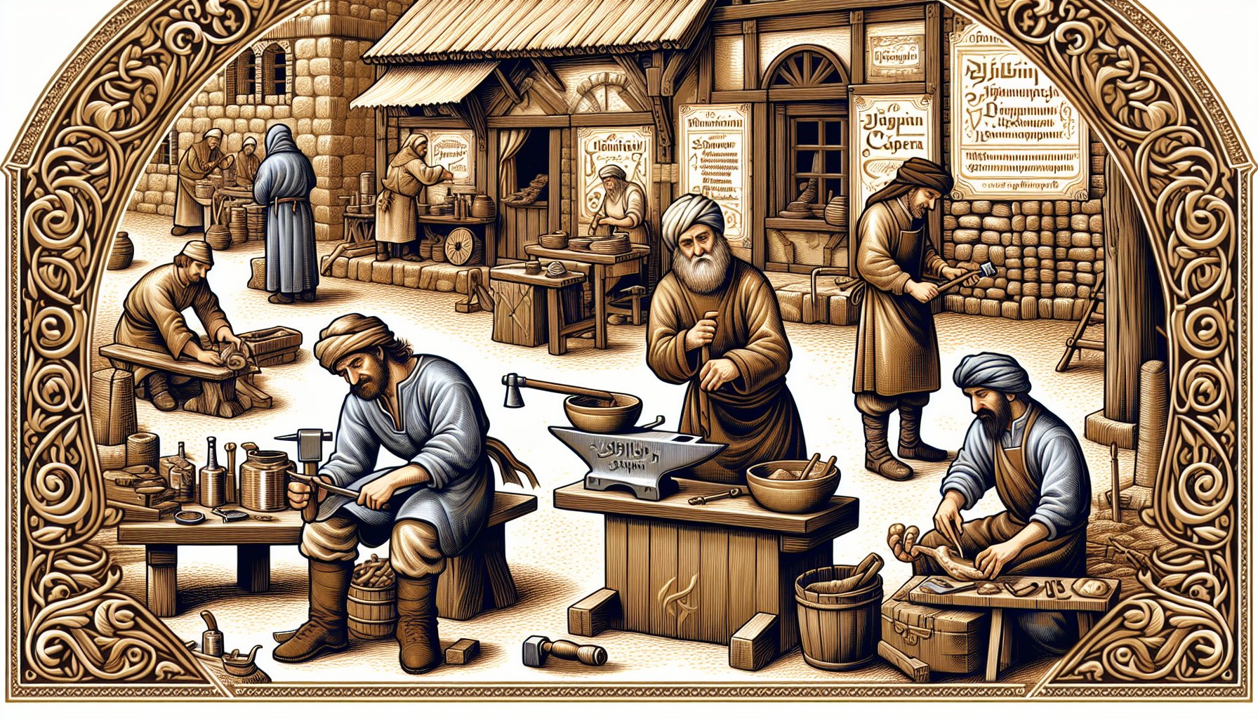 Medieval occupational surnames origins illustration with craftspeople