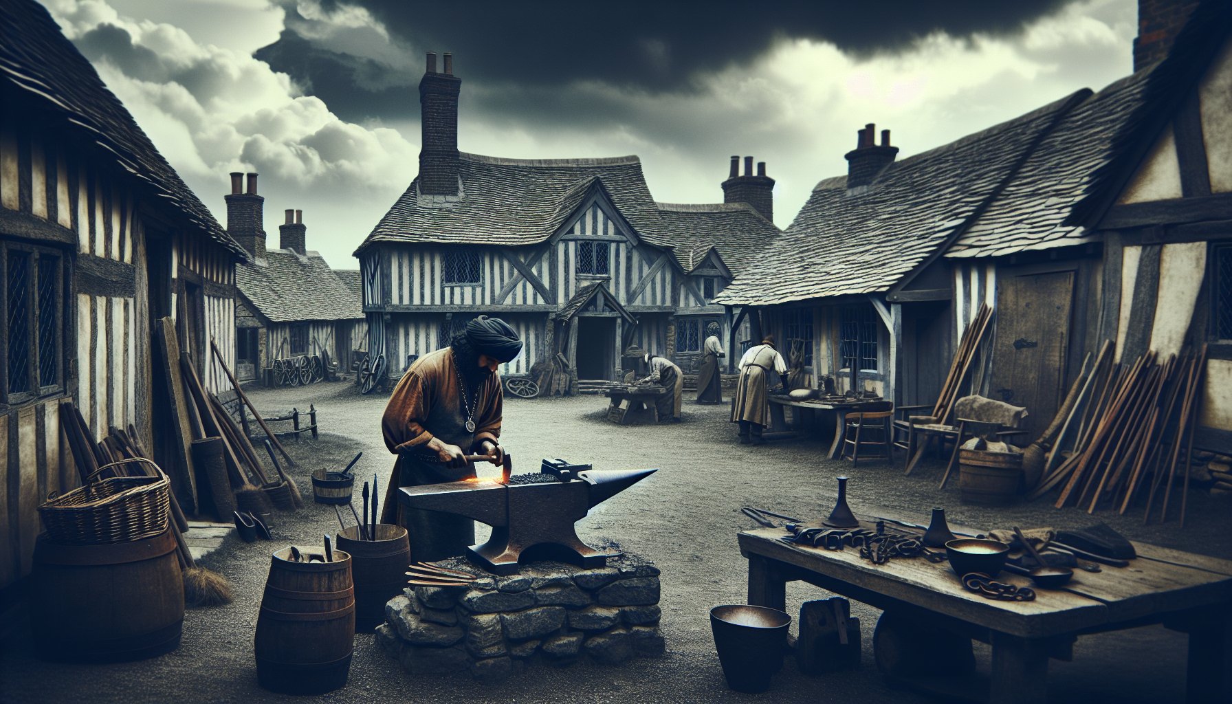 Medieval village scene for surnames starting with J