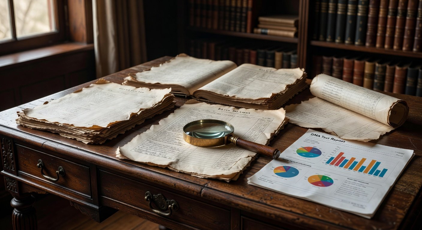 Sherman genealogy research materials including historical documents and DNA results