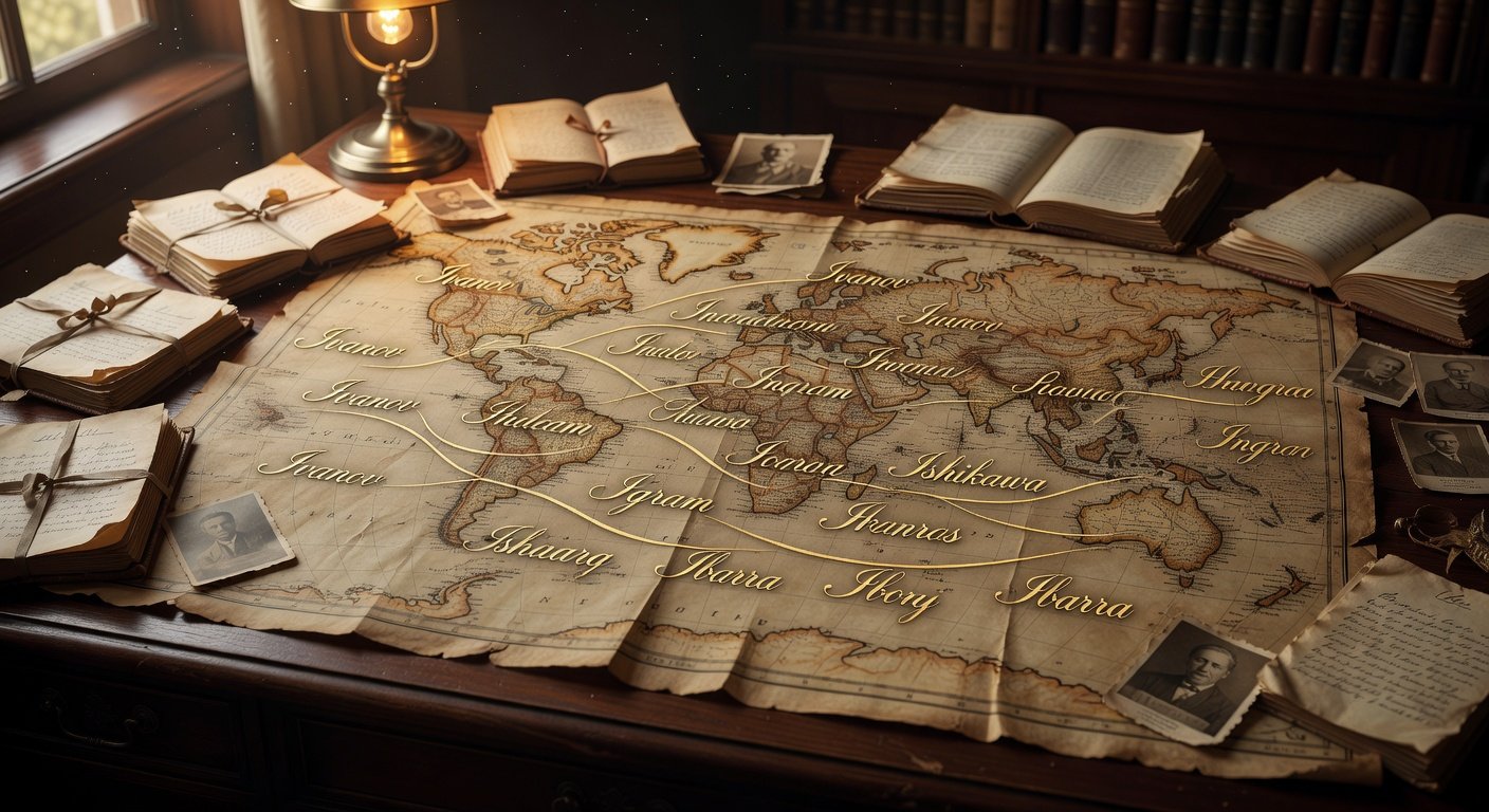 Vintage map with surnames beginning with I in calligraphy