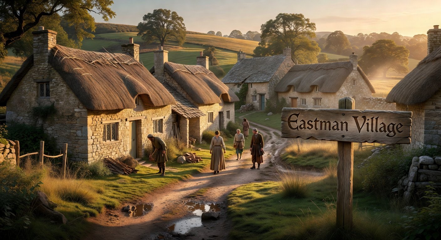 Medieval English village illustrating origins of geographical surnames starting with E