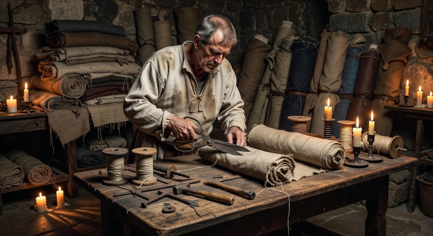 Medieval cloth cutter demonstrating Sherman last name origin as textile worker