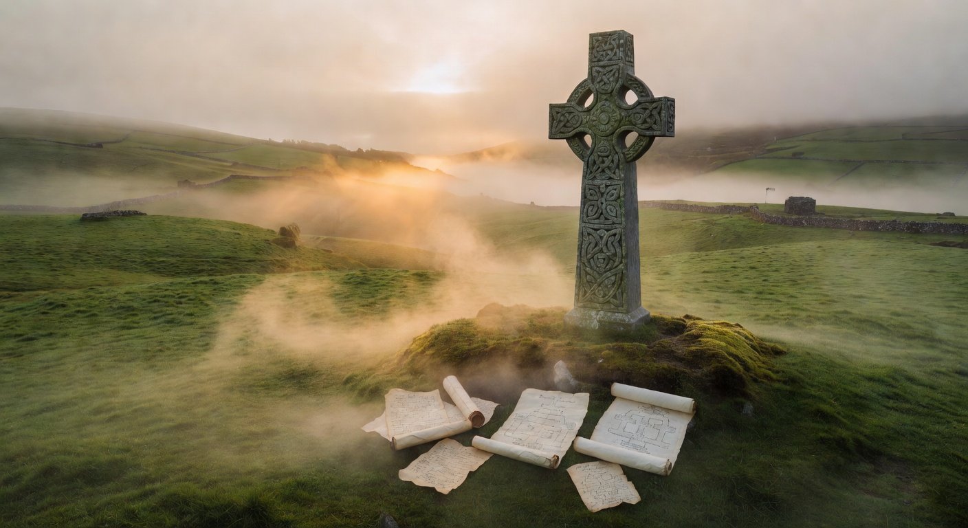 Celtic stone cross in Irish countryside representing Walsh surname origin