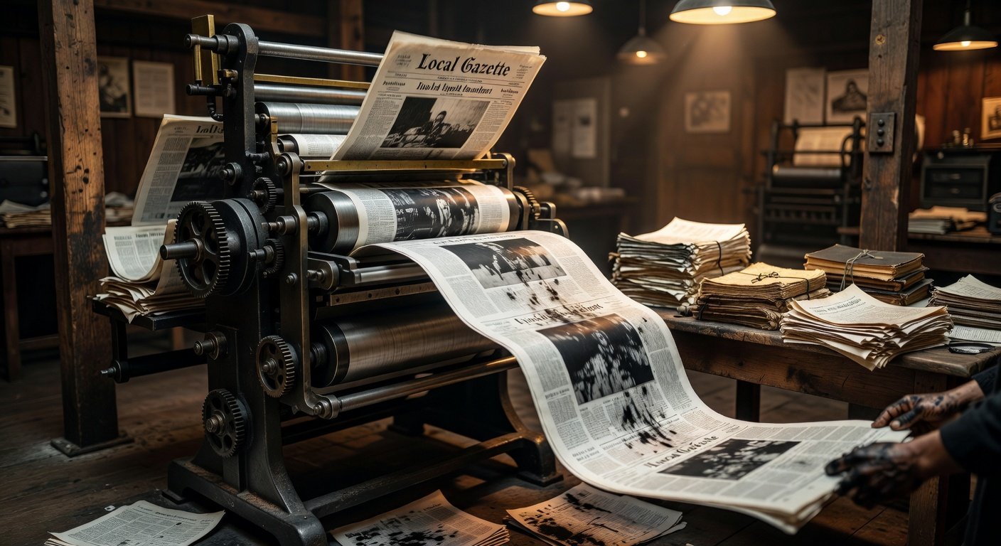 Medina County Gazette newspaper printing press producing obituary pages