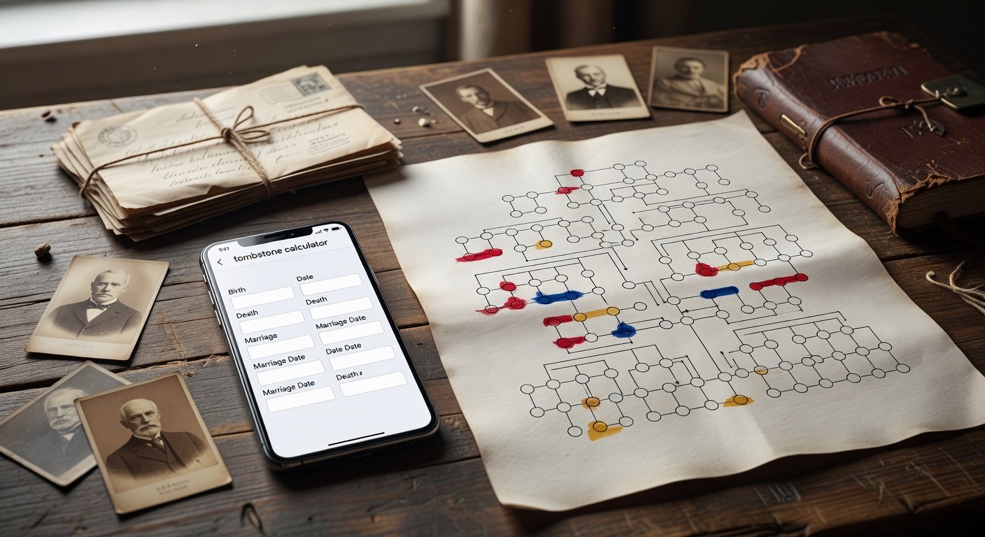 Advanced headstone date calculator app with family tree integration