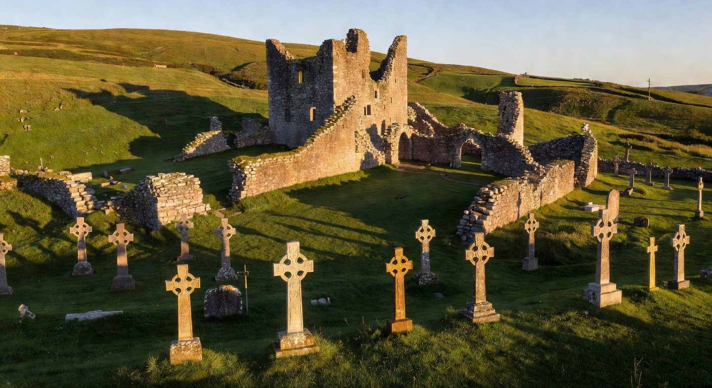 Irish castle ruins representing heritage of O' surnames Irish ancestry