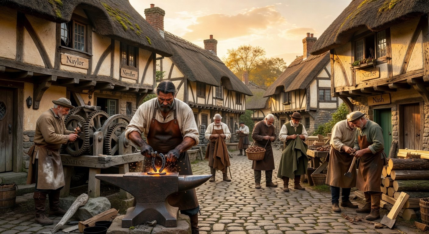 Medieval village showing occupational origins of English surnames beginning with N