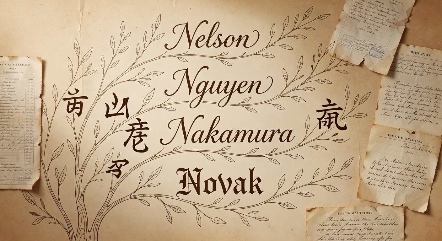 Surnames that start with N from various cultures displayed in artistic typography