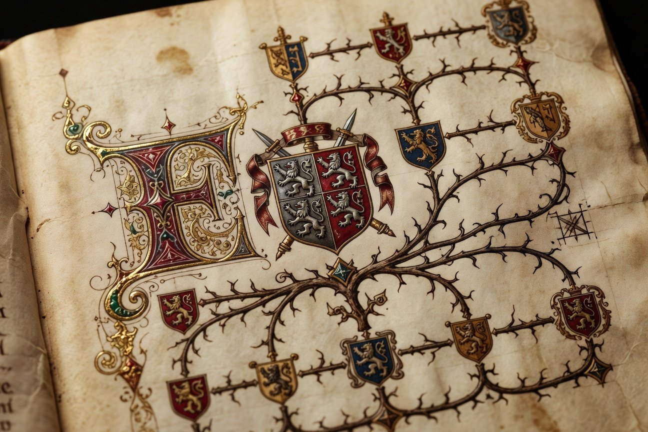 Ornate medieval letter F with family surnames and genealogical symbols