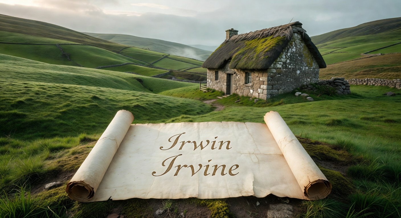 Irish countryside with surnames that start with I on scroll