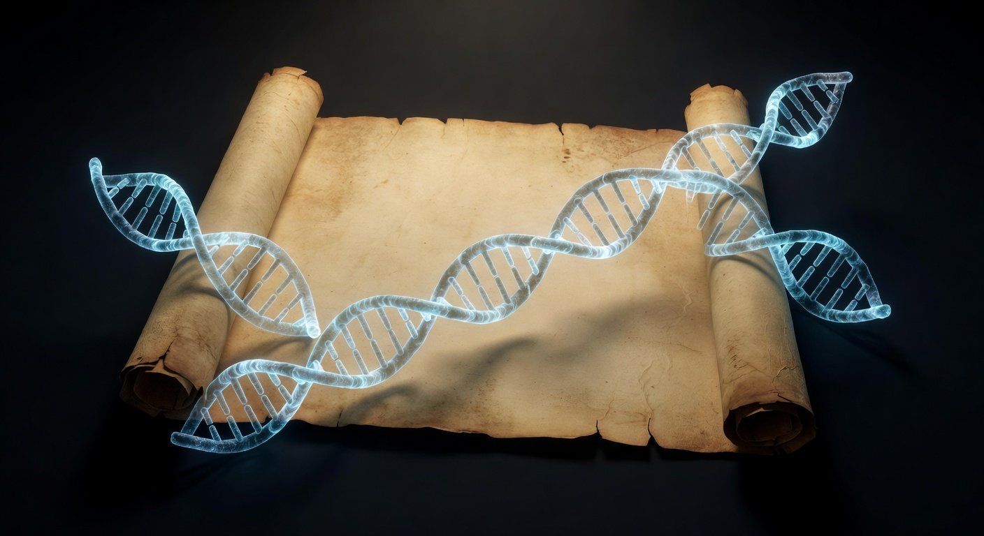 DNA helix and scroll representing paid surname origin finder tools