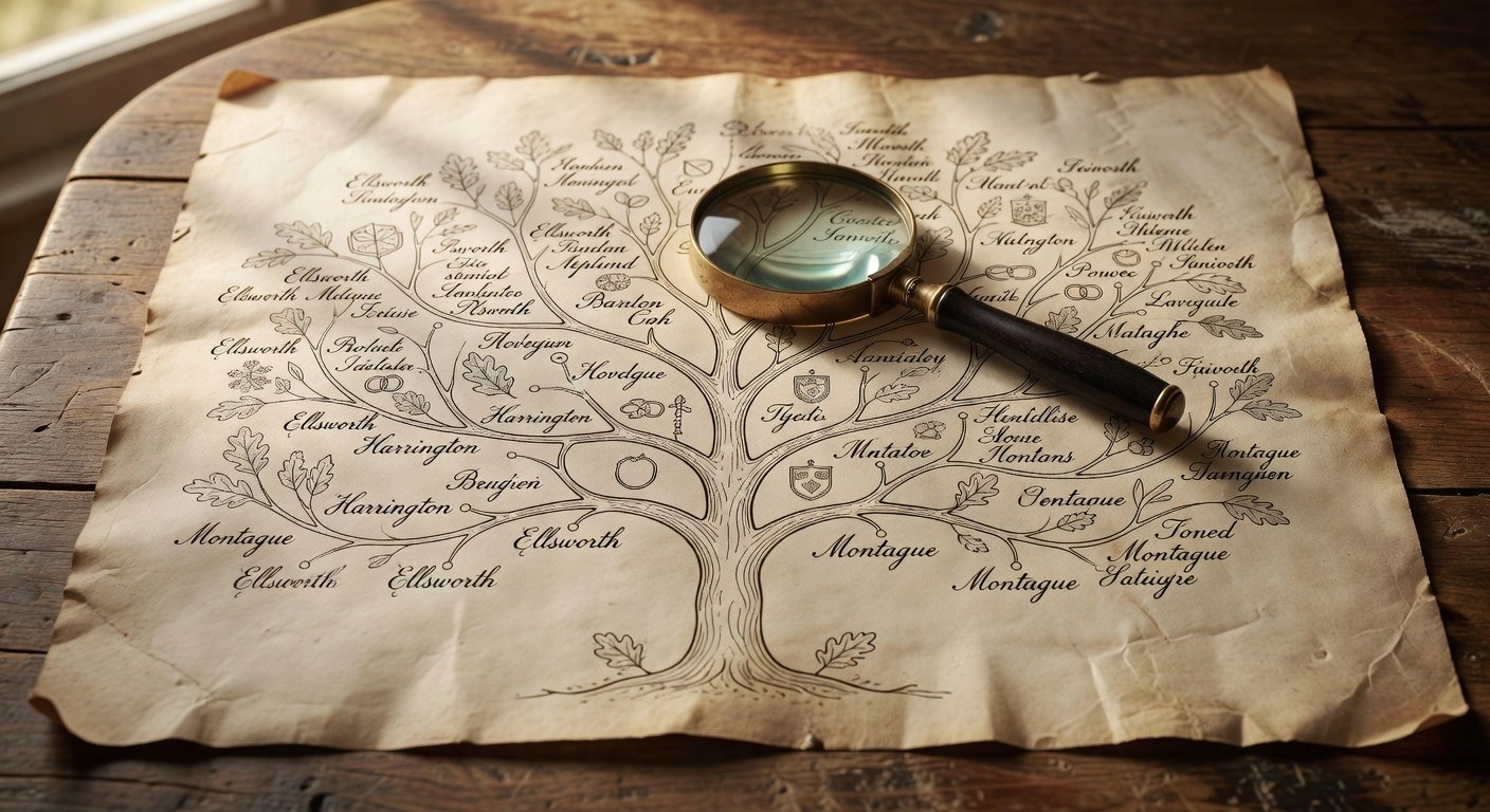 feature_grok_2c71b3ad Vintage family tree with surnames and genealogical research tools on aged parchment