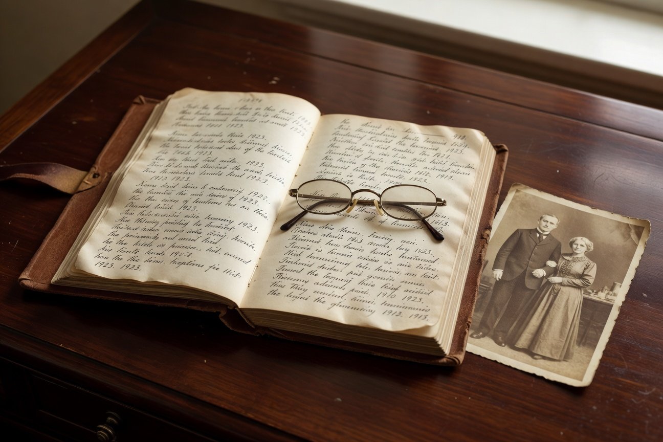 feature_grok_2df60af2 genealogy research desk with vintage journal and historical family photographs