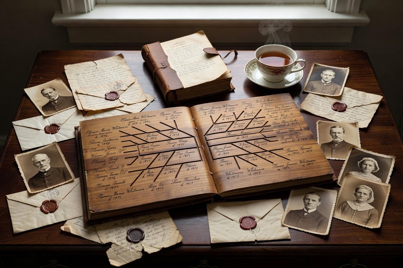 Handwritten family tree chart with vintage genealogy documents and old photographs
