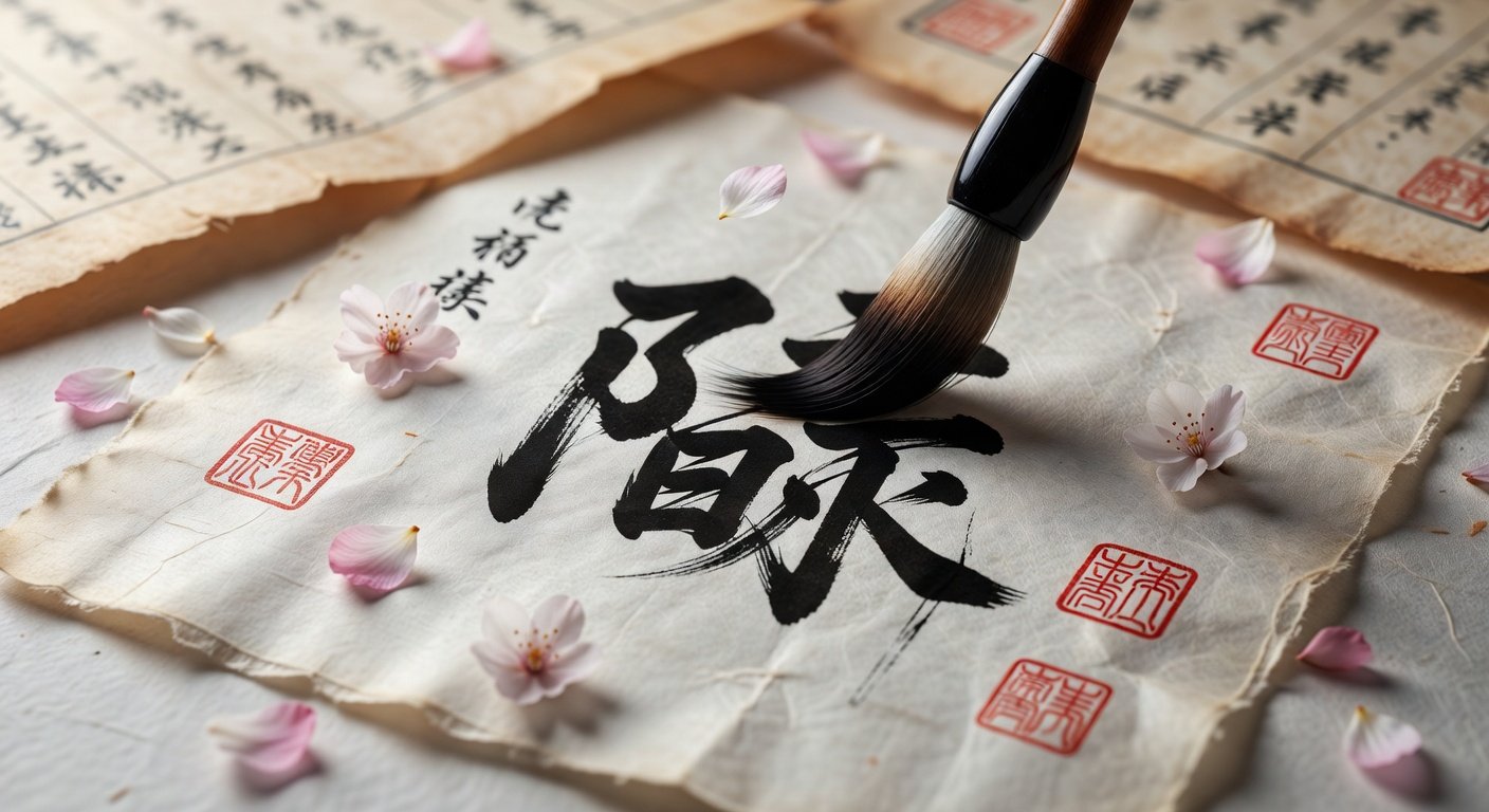 Vietnamese calligraphy of Nguyen surname origin character with traditional seals