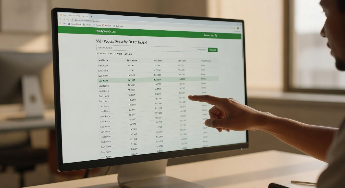 FamilySearch SSDI database search interface showing death record results