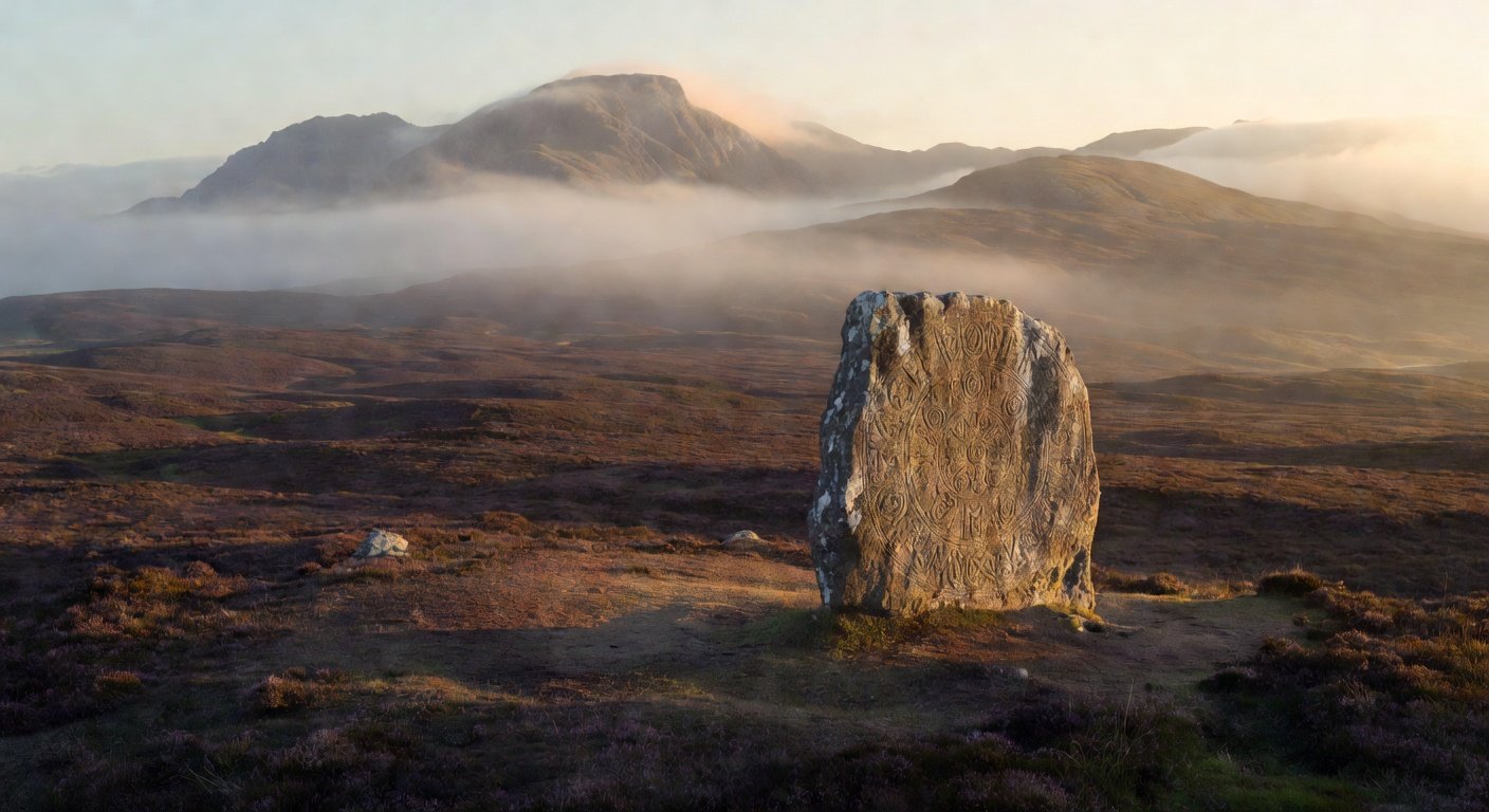 Scottish Highland landscape with ancient clan monument and Celtic carvings showing Scottish surnames origins