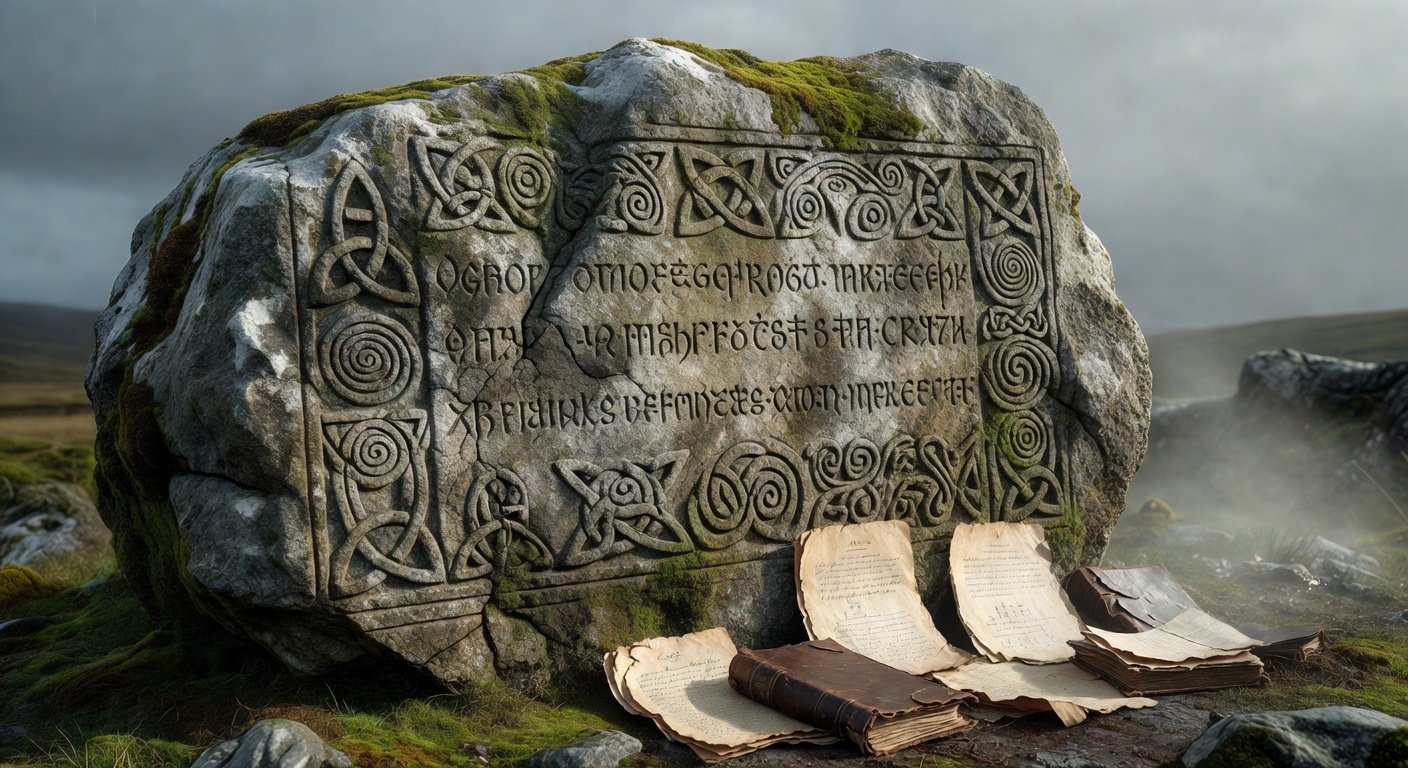 Ancient Irish stone with Gaelic inscriptions showing origins of surnames beginning with Q