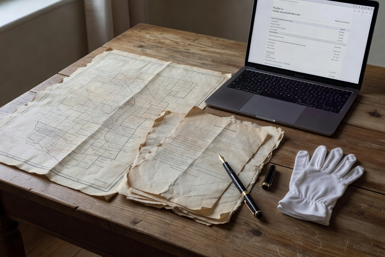 feature_grok_4fb98b45 Census records genealogy research materials on a desk
