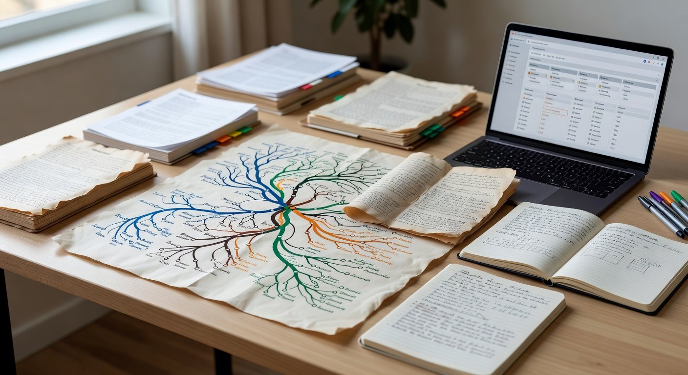 Organized genealogy research workspace with documents, notes, and genealogy database