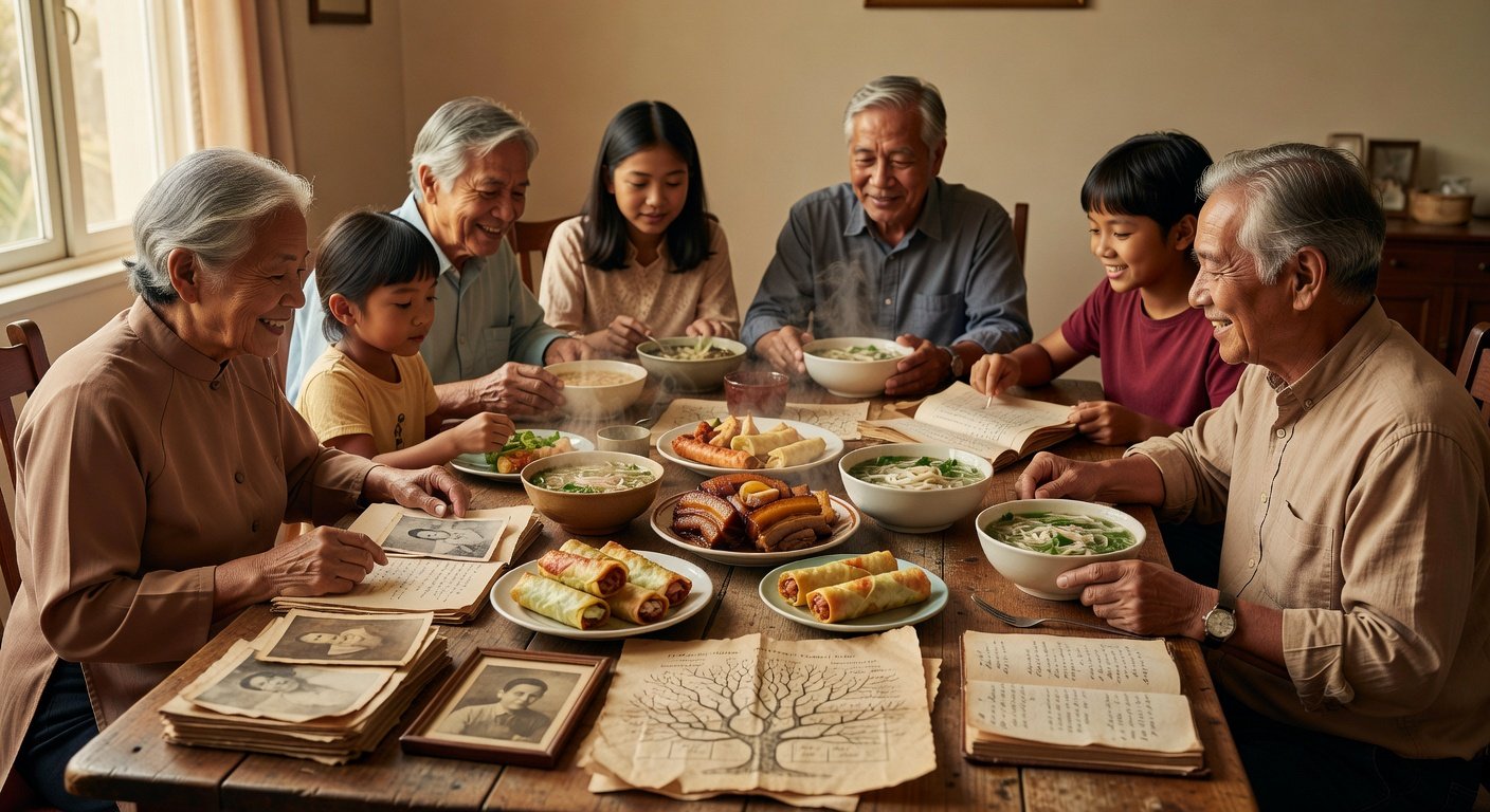 Vietnamese diaspora family researching Nguyen surname genealogy together