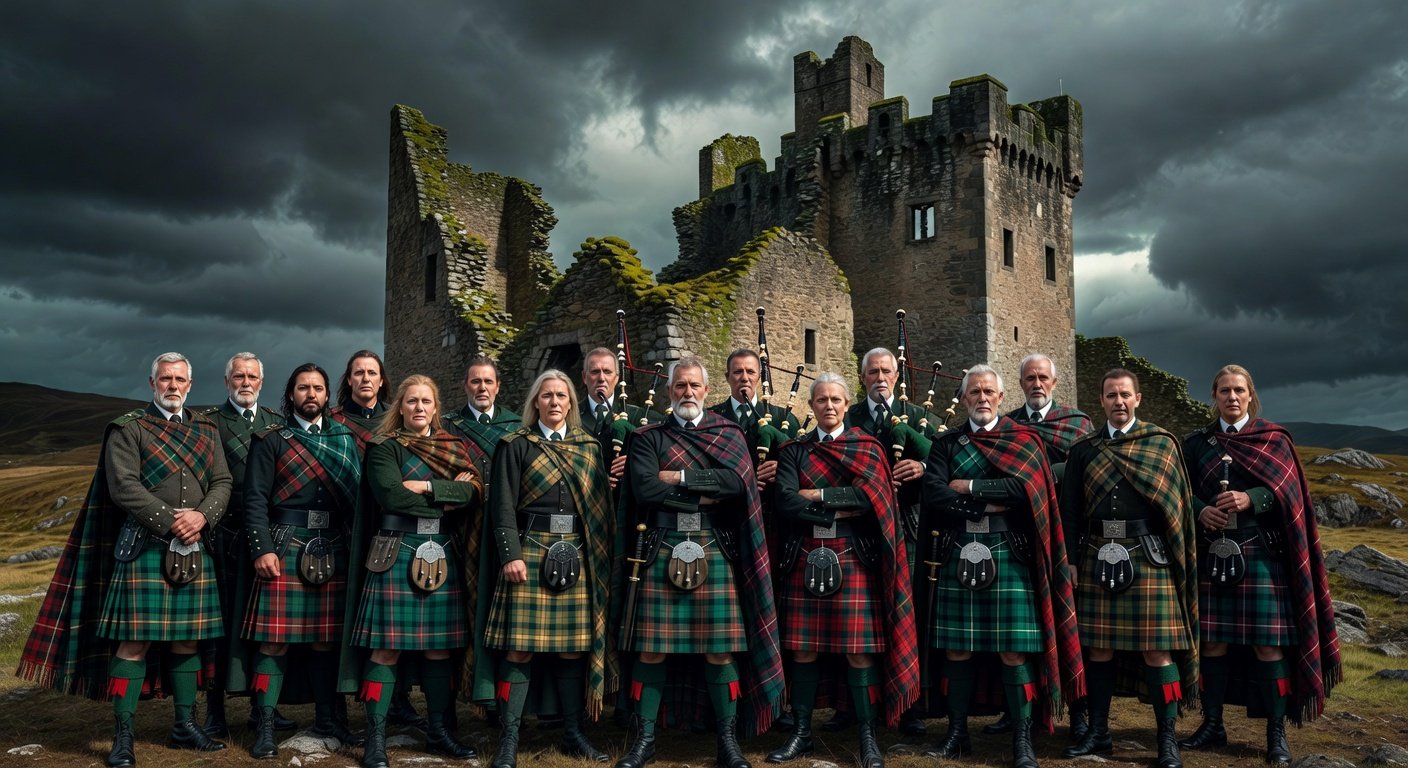 Highland clan gathering at ancient Scottish castle ruin representing clan system and Mac surnames heritage