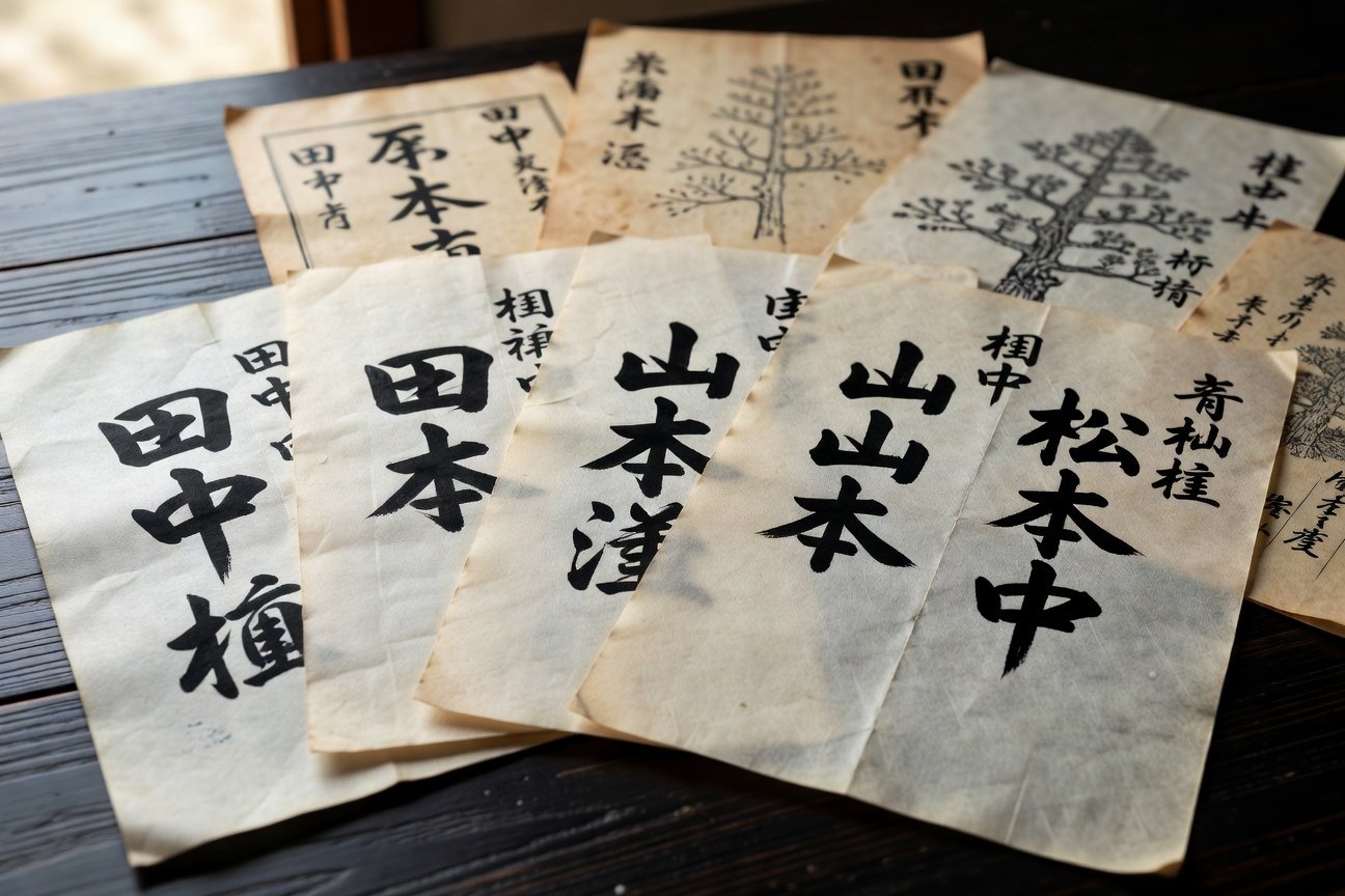 Japanese surname kanji characters written in traditional calligraphy showing surname meanings
