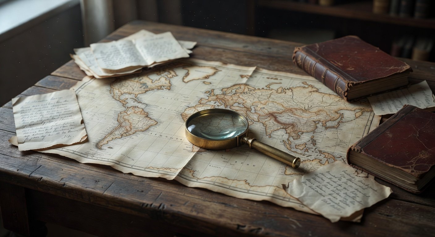 Vintage map and magnifying glass for surname origin finder research