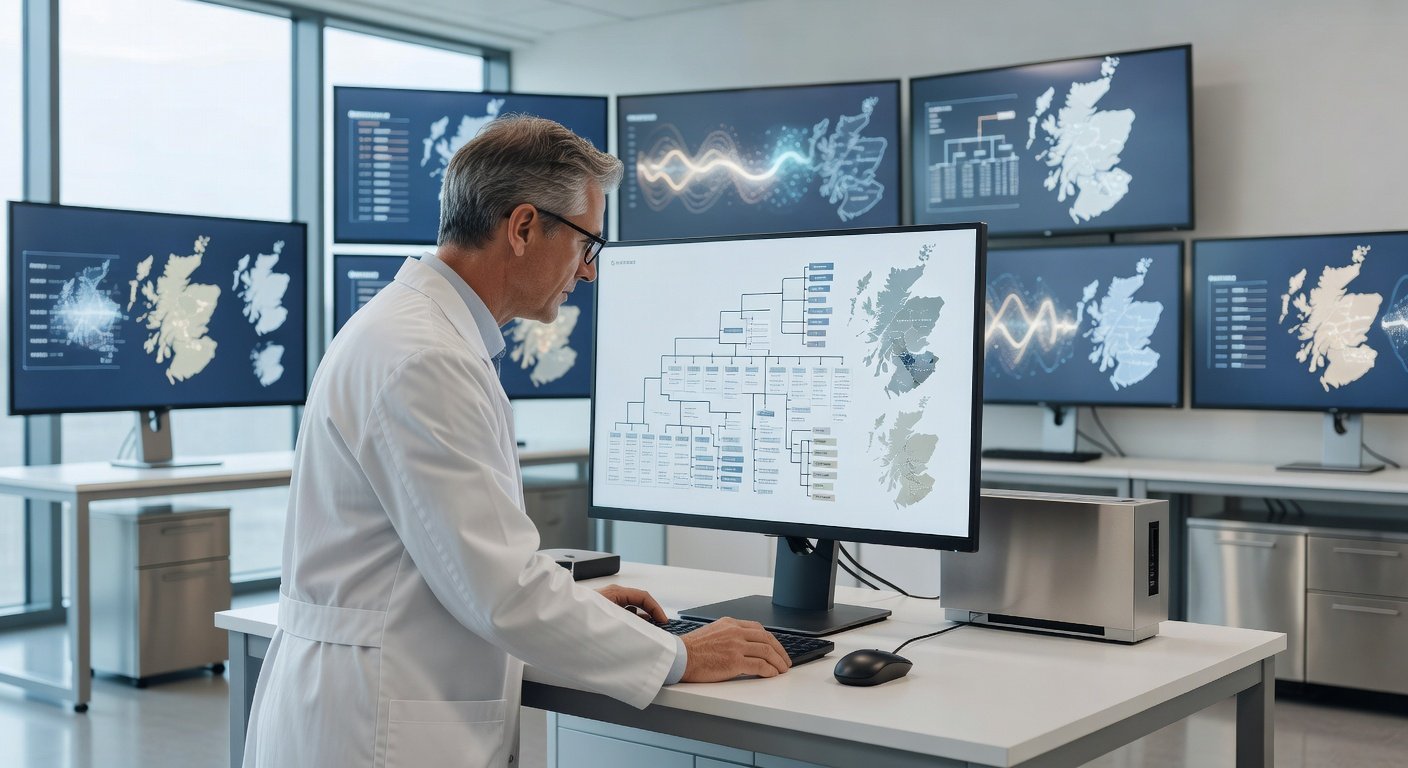 DNA testing laboratory with ancestry results displayed on screens showing Scottish regional data and genealogy information