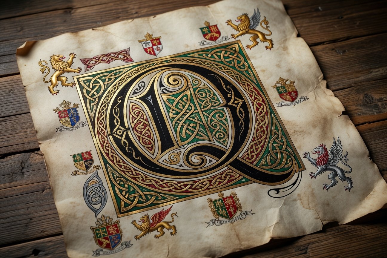 feature_grok_837b18d6 Ornate medieval letter Q with Celtic designs representing surnames that start with Q