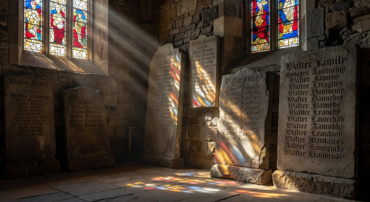 Medieval church memorial stones showing Walter family name history documentation
