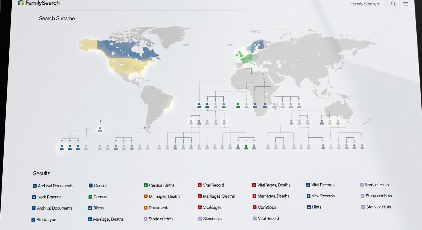 FamilySearch surname search interface showing results and geographic distribution