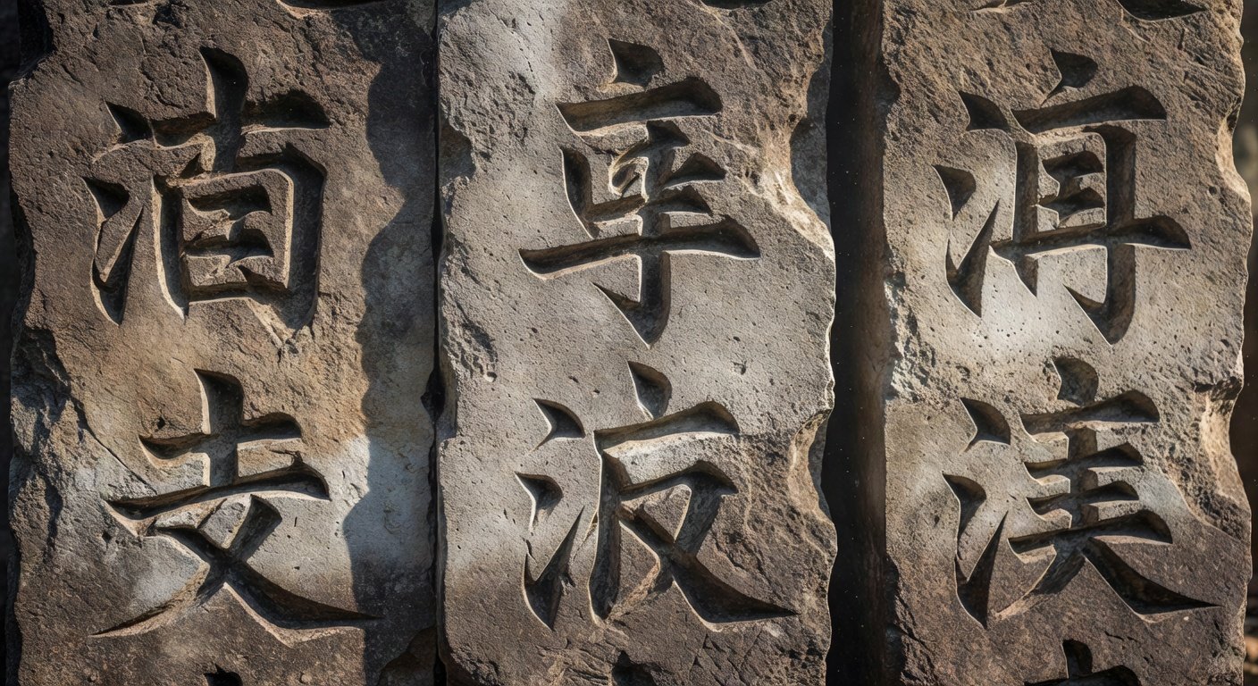 Ancient kanji characters carved in stone showing Japanese surname meaning elements