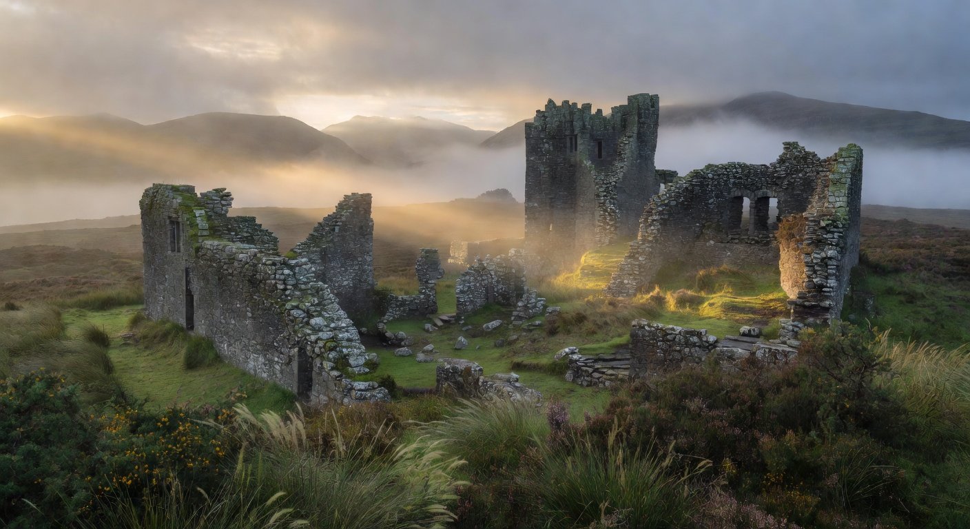 Ancient Welsh castle ruins in misty valley landscape representing Williams surname Welsh heritage