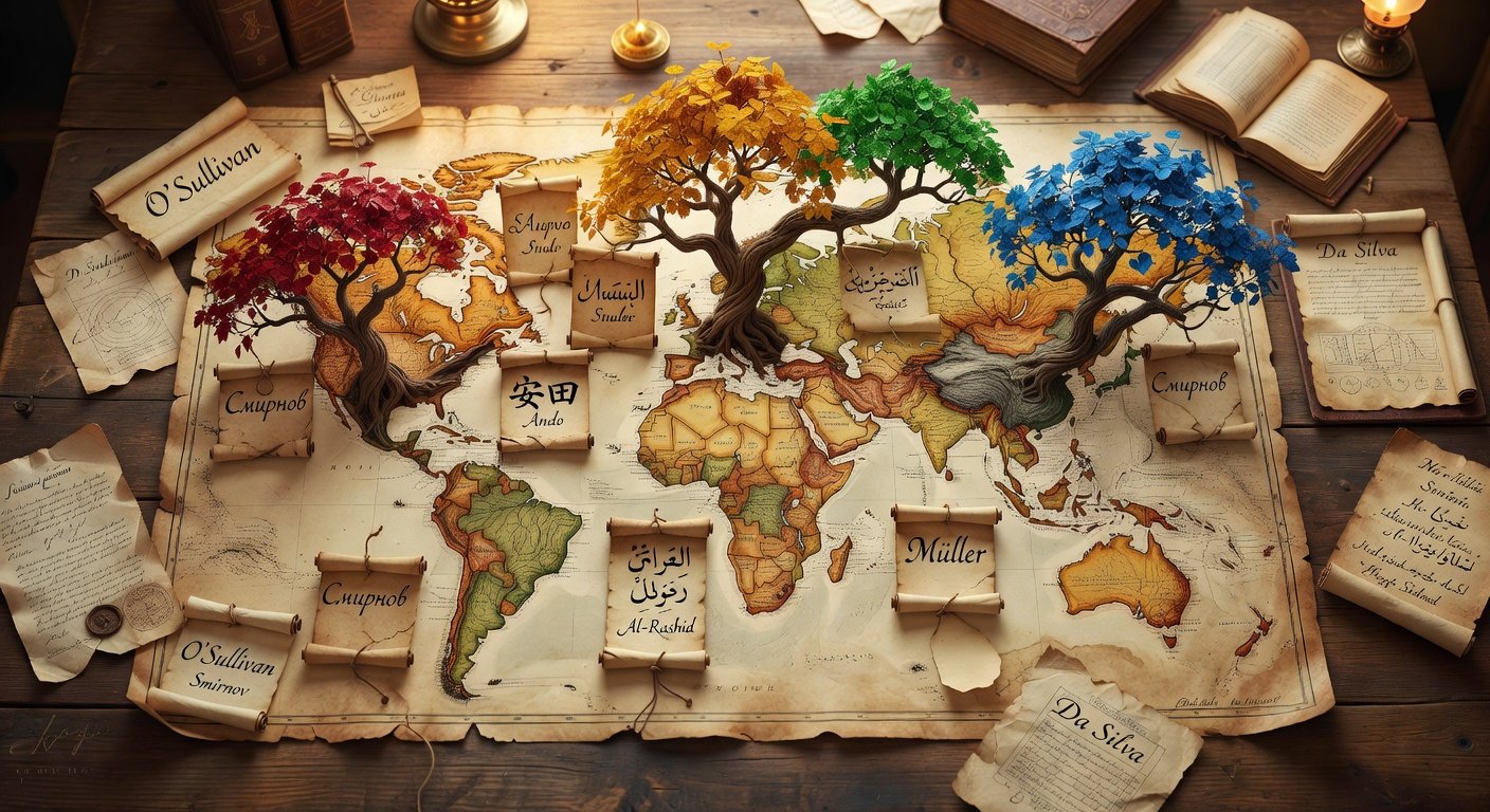World map showing surname origin by country with family trees