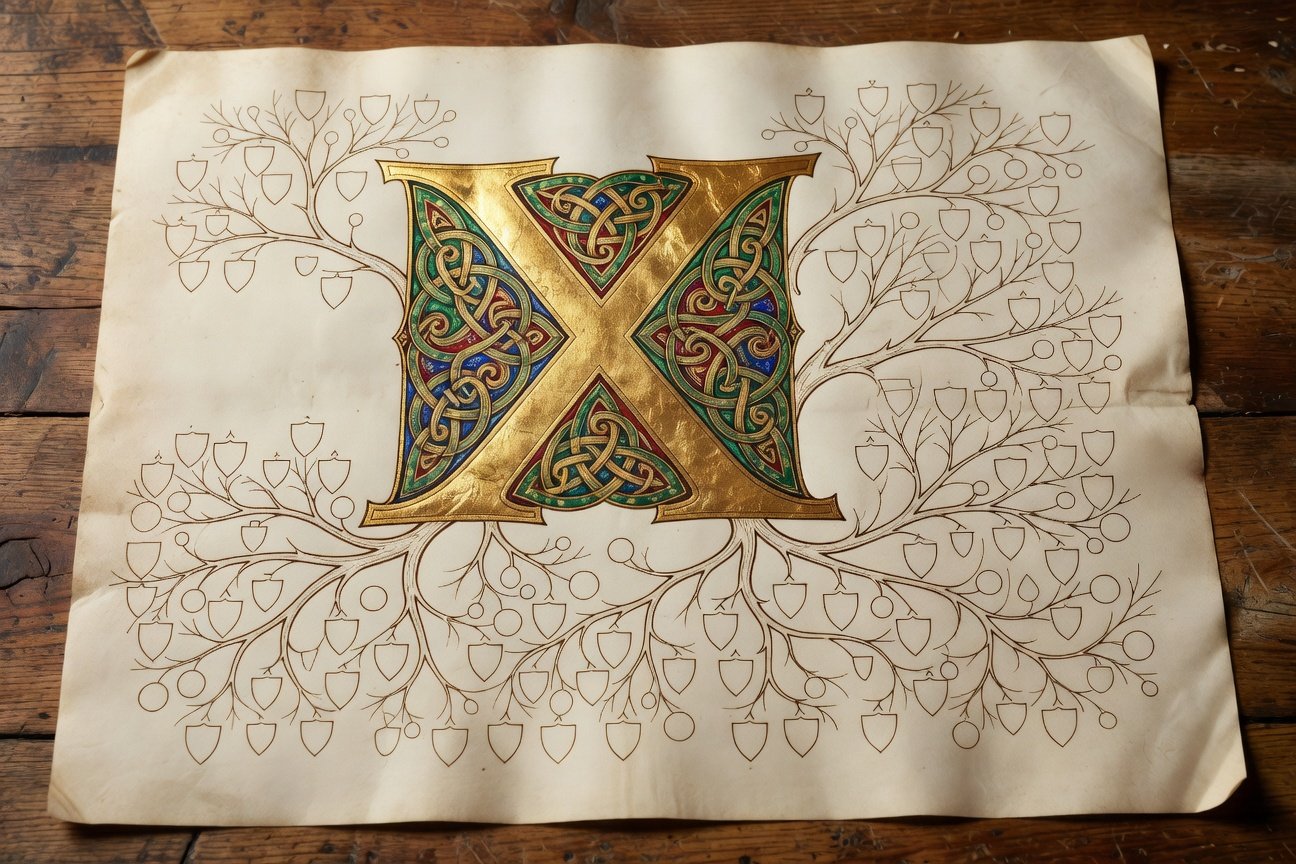 feature_grok_b7d513e0 Ornate medieval letter X with surnames starting with X genealogy theme