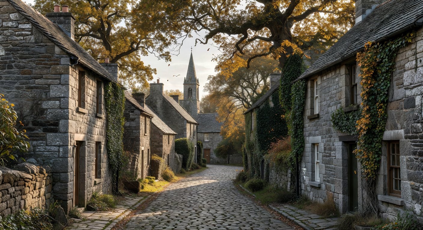 Traditional Welsh village street with historic stone cottages representing Williams family settlement areas