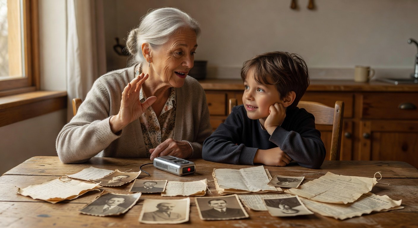 Grandmother sharing family stories with grandchild during genealogy interview
